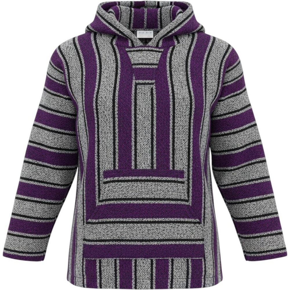 Franks Textiles Baja Hoodie Purple Grey Black Striped Mexican Jerga Pullover XL